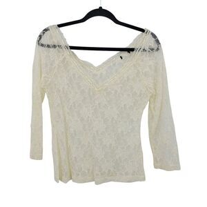 Vtg 80s Vanilla Floral Lace V-Neck‎ Top Ribbon Trim Sheer Stretch Womens Sz S